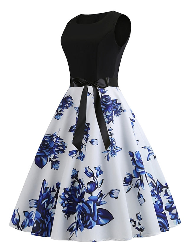Women's Elegant Retro Vintage Dress Midi Dress Party Evening Party With Belt Print Floral Crew Neck Sleeveless Regular Fit Summer Spring 2023 Blue S M L XL - LuckyFash™