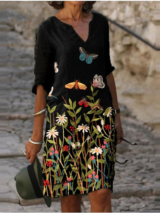 Women's Ethnic Dress Shift Dress Print Dress Midi Dress Black Royal Blue Blue Half Sleeve Floral Print Summer Spring V Neck Elegant 2023 S M L XL XXL - LuckyFash™