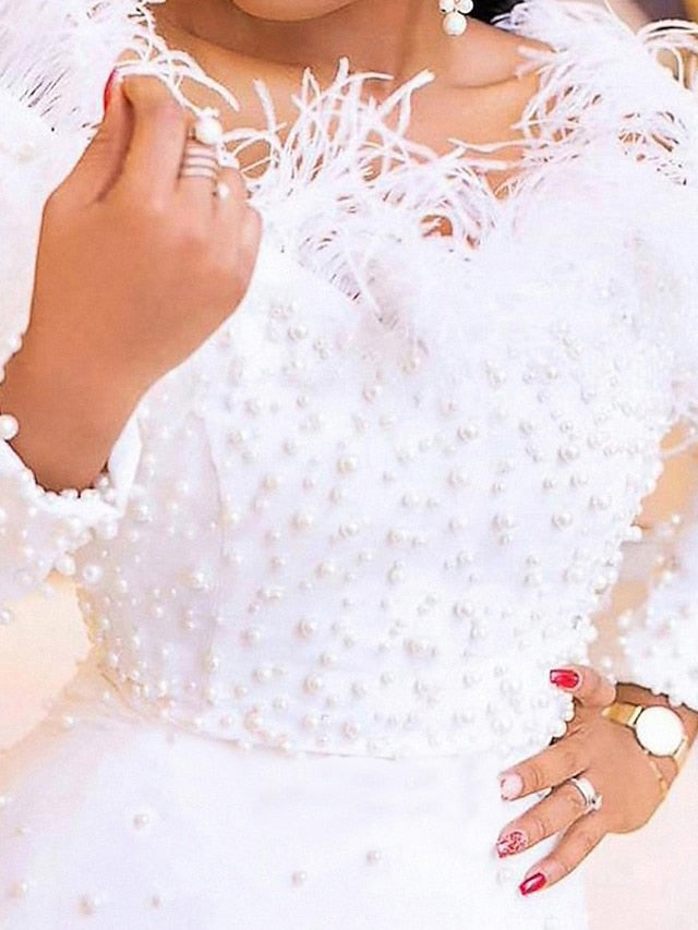 Womenâ€˜s Formal Party Dress Feather Dress Long Dress Maxi Dress White Black Long Sleeve Pure Color pearl Winter Fall Off Shoulder Elegant Modern Fall Dress Slim 2023 S M L XL XXL / Winter Dress - LuckyFash™