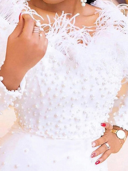 Womenâ€˜s Formal Party Dress Feather Dress Long Dress Maxi Dress White Black Long Sleeve Pure Color pearl Winter Fall Off Shoulder Elegant Modern Fall Dress Slim 2023 S M L XL XXL / Winter Dress - LuckyFash™