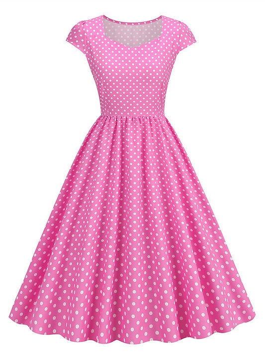 Women's Elegant Retro Vintage Dress Midi Dress Outdoor Holiday Ruched Polka Dot V Neck Short Sleeve Regular Fit Summer Spring 2023 Black White S M L XL - LuckyFash™