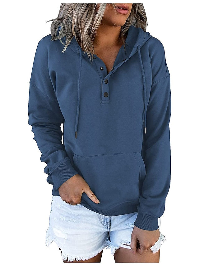 Hoodie Button Pocket Solid Colored Basic Hooded Standard Winter Wine Red Green Black Blue Pink for Women - LuckyFash™