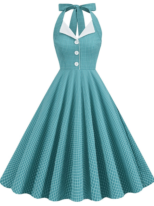 Women's Elegant Retro Vintage Dress Midi Dress Outdoor Daily Ruched Backless Plaid Halter Sleeveless Slim Summer Spring 2023 Lake blue Almond S M L XL - LuckyFash™