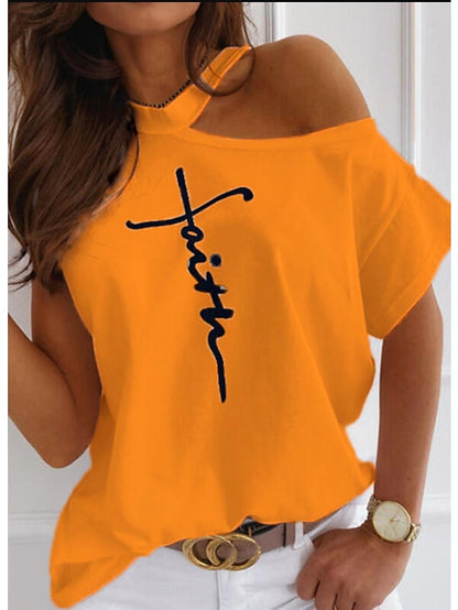 fronage womens short sleeve faith shirts cold shoulder tops casual summer graphic t-shirt (medium, beige) - LuckyFash™