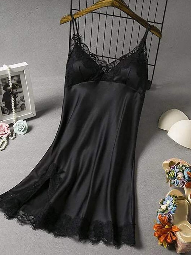 Gift Pajamas Nightgown Home Party Daily Lace Pure Color Polyester Satin Simple Casual Soft Spring Summer V Neck Sleeveless for Women - LuckyFash™