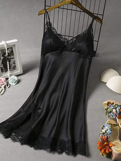 Gift Pajamas Nightgown Home Party Daily Lace Pure Color Polyester Satin Simple Casual Soft Spring Summer V Neck Sleeveless for Women - LuckyFash™