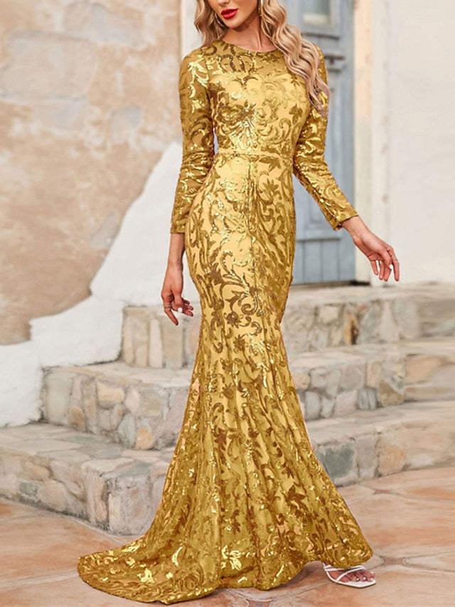 Womenâ€˜s Formal Party Dress Sequin Dress Sheath Dress Long Dress Maxi Dress Purple Gold Long Sleeve Sequins Winter Fall Autumn Crew Neck Fashion Winter Dress Weekend S M L XL XXL 3XL 4XL 5XL - LuckyFash™