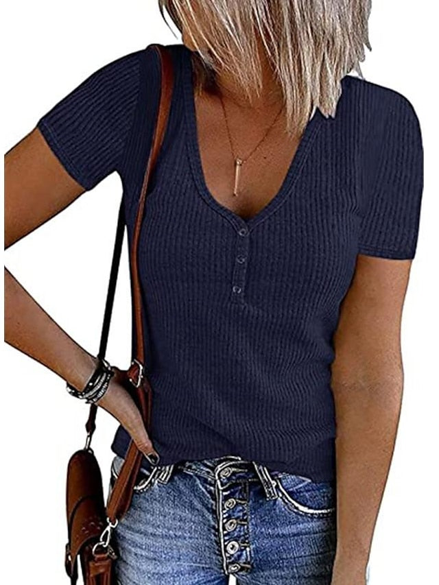 Women's Henley Shirt T shirt Tee Black White Pink Plain Button Short Sleeve Casual Daily Sexy Round Neck Regular S - LuckyFash™