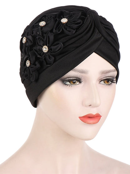Elegant Women Five Flowers Turban Caps Muslim Elastic Crystal Party Headscarf Bonnet Ladies Hair Accessories Indian Cap - LuckyFash™