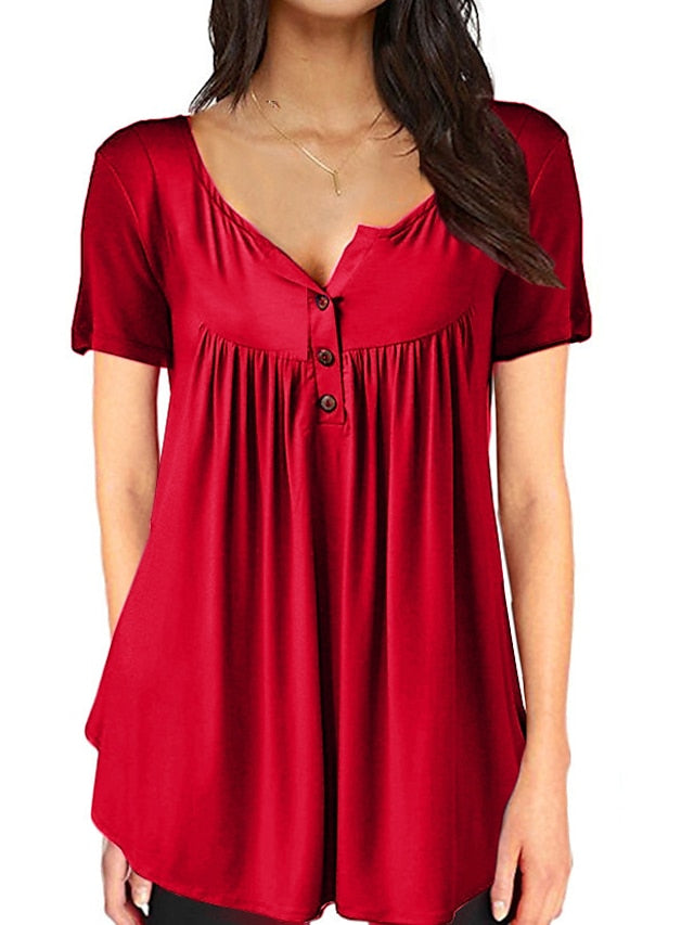 Women's Henley Shirt T shirt Tee Black White Red Plain Button Short Sleeve Casual Daily Basic Daily Casual Round Neck Long S - LuckyFash™