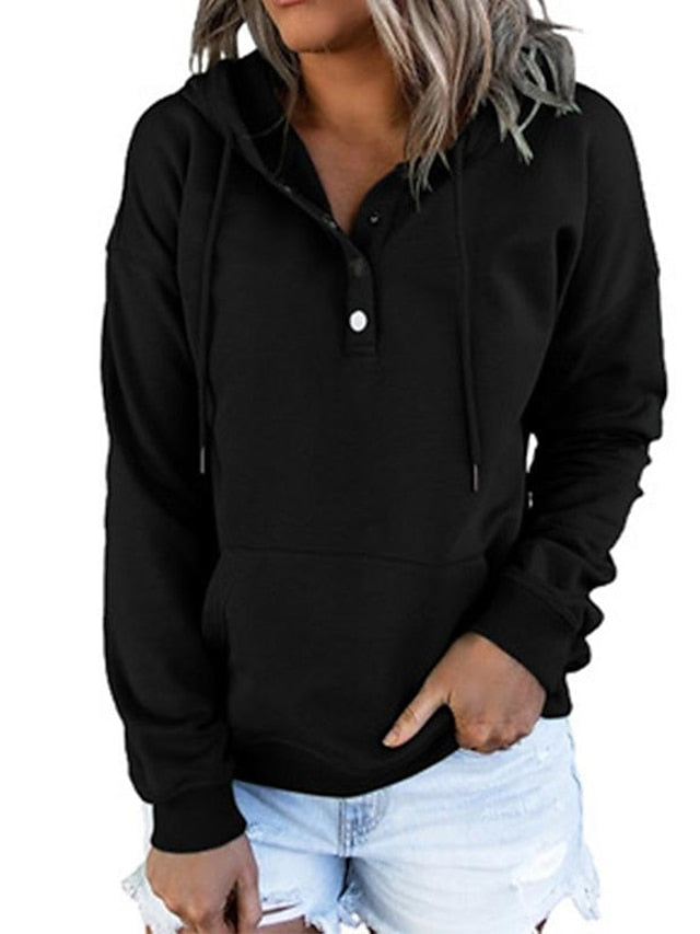 Hoodie Button Pocket Solid Colored Basic Hooded Standard Winter Wine Red Green Black Blue Pink for Women - LuckyFash™