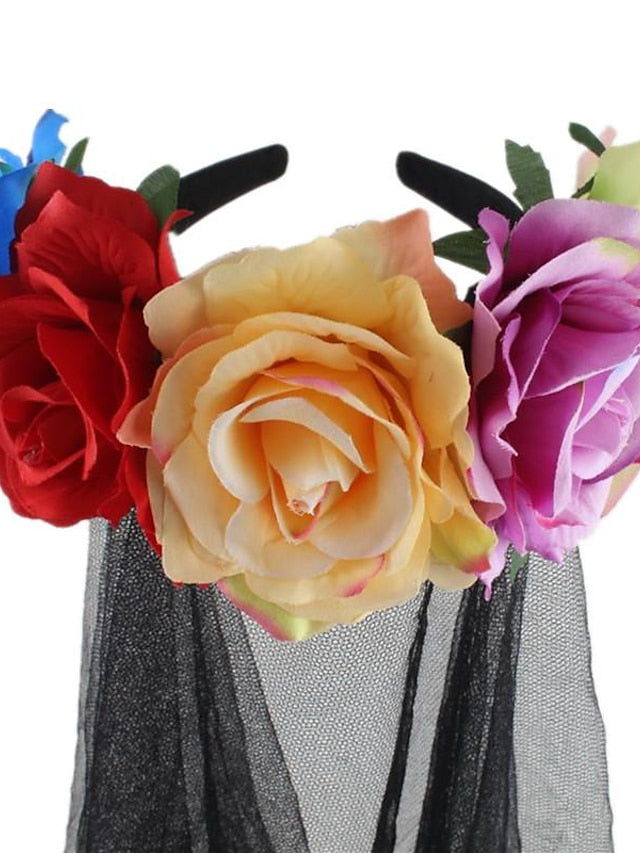 christmas party hair accessories headband simulation rose flower black mesh carnival headband - LuckyFash™