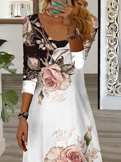 Women's Floral Crew Neck Long Dress Maxi Dress Casual Dress Print Dress Casual Outdoor Daily Weekend Print Long Sleeve Dress Regular Fit White Fall Spring S M L XL XXL - LuckyFash™