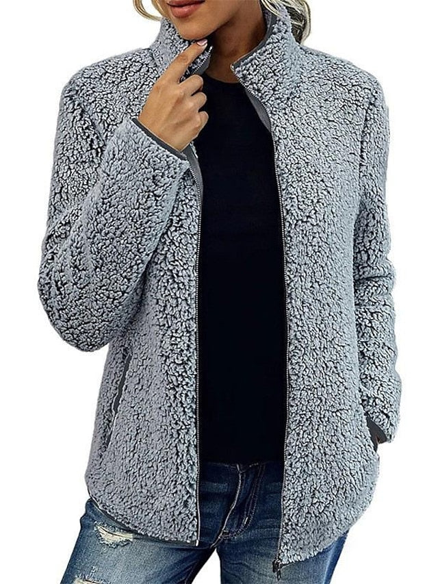 Women's Fleece Jacket Sherpa Fleece Teddy Pocket Zip Up Black Pink Navy Blue Solid Color Street V Neck Long Sleeve Fleece - LuckyFash™