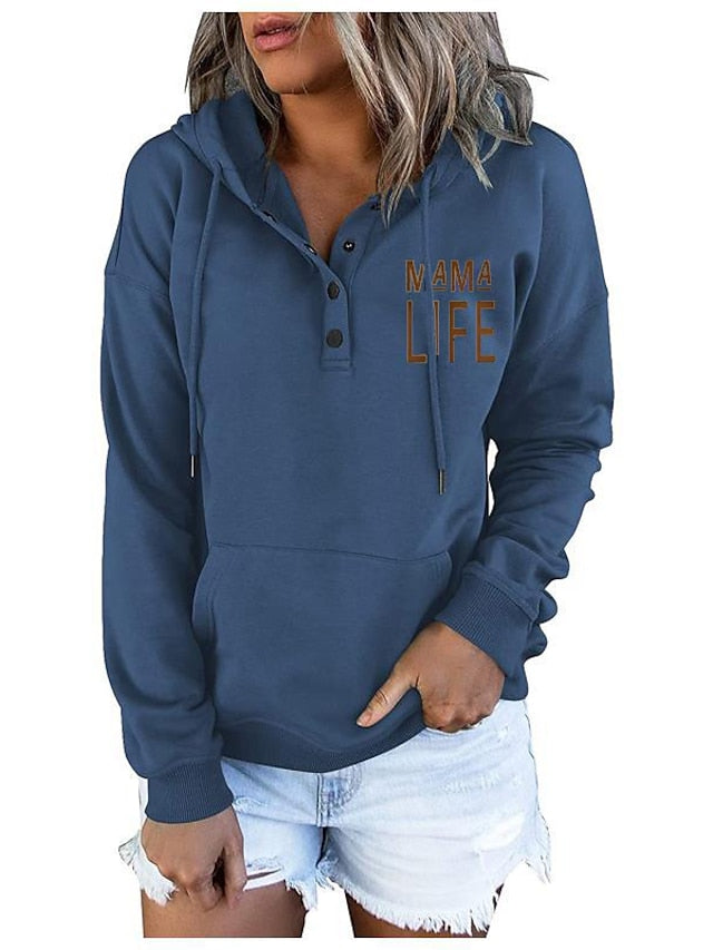 Women's Hoodie Sweatshirt Pullover Active Streetwear Button Front Pocket Blue Purple Pink Mama Life Casual Hoodie Long Sleeve S M L XL XXL - LuckyFash™