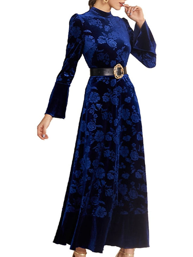 Womenâ€˜s Formal Party Dress Wedding Guest Dress Velvet Dress Red Long Dress Maxi Dress Wine Dark Blue Long Sleeve Floral Velvet Print Winter Fall Stand Collar Fashion Elegant Fall Dress 2023 S M L XL - LuckyFash™