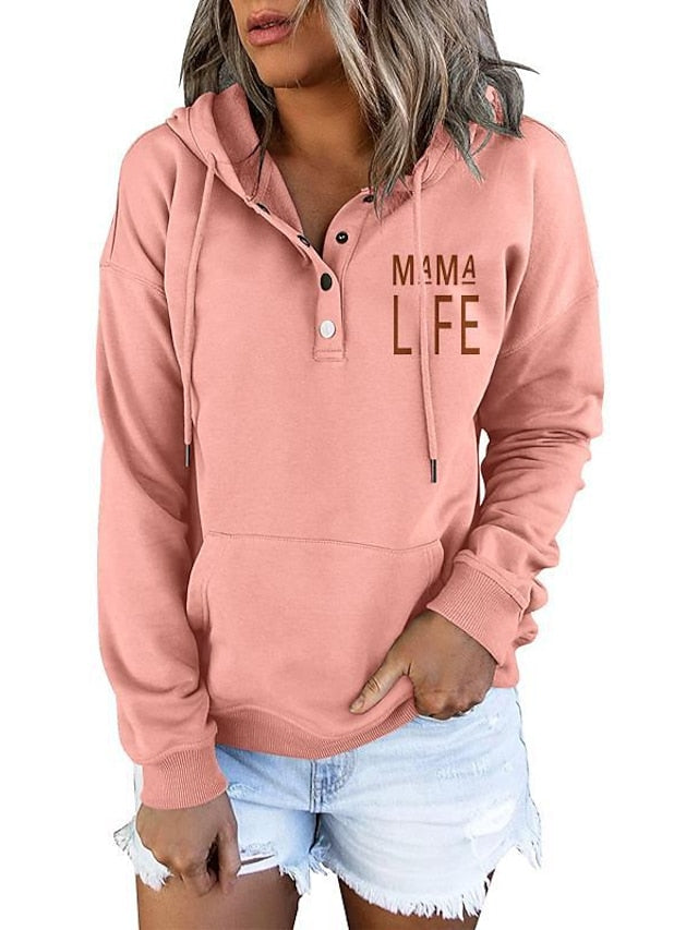 Women's Hoodie Sweatshirt Pullover Active Streetwear Button Front Pocket Blue Purple Pink Mama Life Casual Hoodie Long Sleeve S M L XL XXL - LuckyFash™