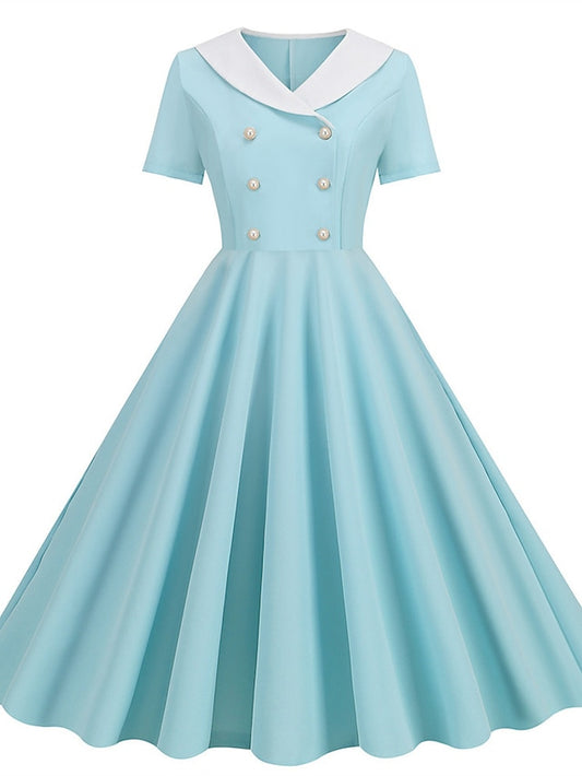 Women's Elegant Retro Vintage Formal Dress Midi Formal Dress Outdoor Daily Button Plain Lapel Short Sleeve Regular Fit Summer Spring 2023 Black Yellow S M L XL - LuckyFash™