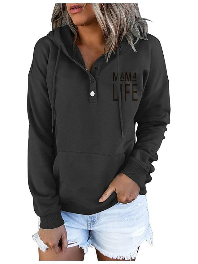 Women's Hoodie Sweatshirt Pullover Active Streetwear Button Front Pocket Blue Purple Pink Mama Life Casual Hoodie Long Sleeve S M L XL XXL - LuckyFash™