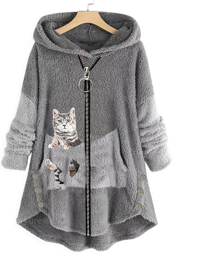 Hoodie Sweatshirt Pullover Pullover Sherpa Fleece Teddy Zip Up Front Pocket Pink Green Dark Grey Cat Street Hoodie Plus Size Long Sleeve Fleece for Women - LuckyFash™