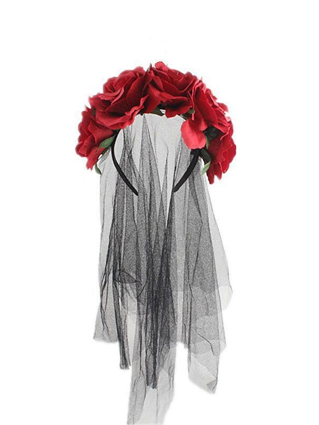 christmas party hair accessories headband simulation rose flower black mesh carnival headband - LuckyFash™