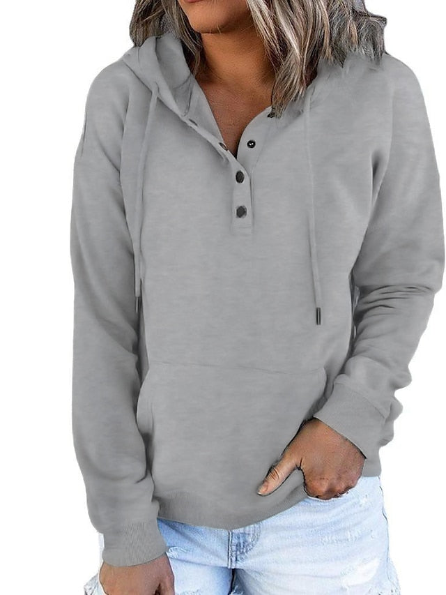 Hoodie Button Pocket Solid Colored Basic Hooded Standard Winter Wine Red Green Black Blue Pink for Women - LuckyFash™