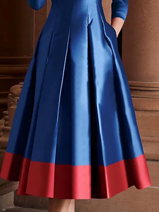 Women's Elegant Retro Swing Dress Midi Dress Party Evening Party Ruched Pocket Color Block Boat Neck 3/4 Length Sleeve Regular Fit Winter Fall 2023 Dark Blue S M L XL - LuckyFash™