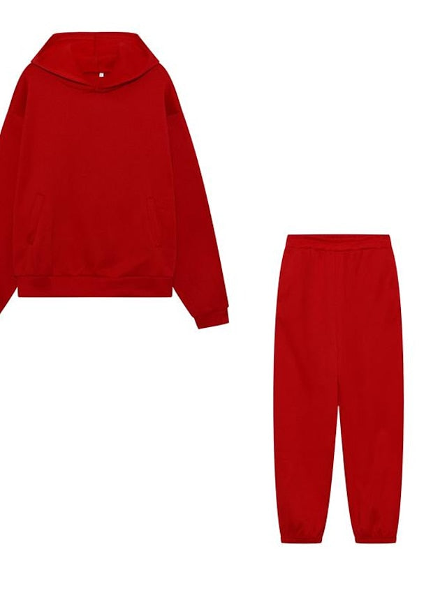 Hoodie 2 Piece Solid / Plain Color Sports Regular Winter Creamy-white ArmyGreen Big red Purple Pink for Women - LuckyFash™