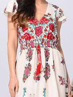 Retro Printing Deep V Neck Short Sleeve Dress - LuckyFash™