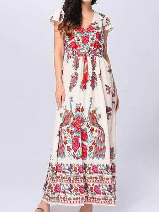 Retro Printing Deep V Neck Short Sleeve Dress - LuckyFash™