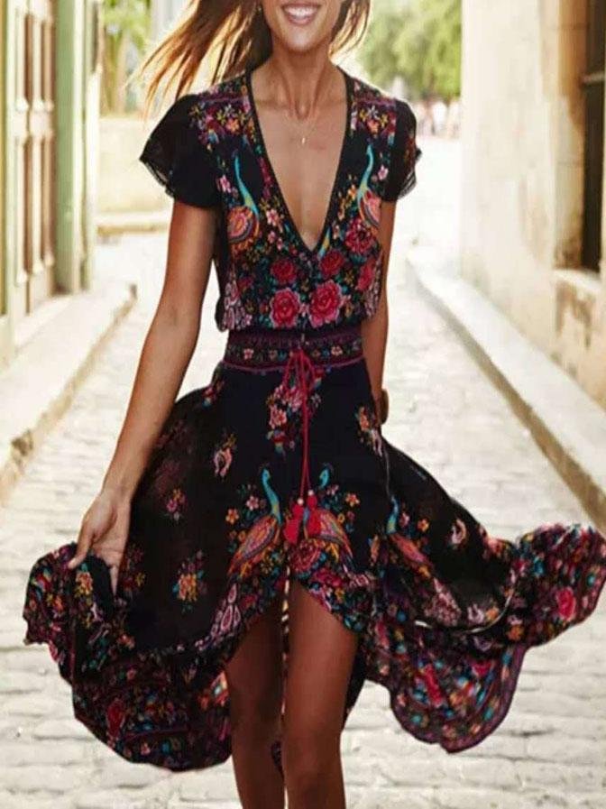 Retro Printing Deep V Neck Short Sleeve Dress - LuckyFash™
