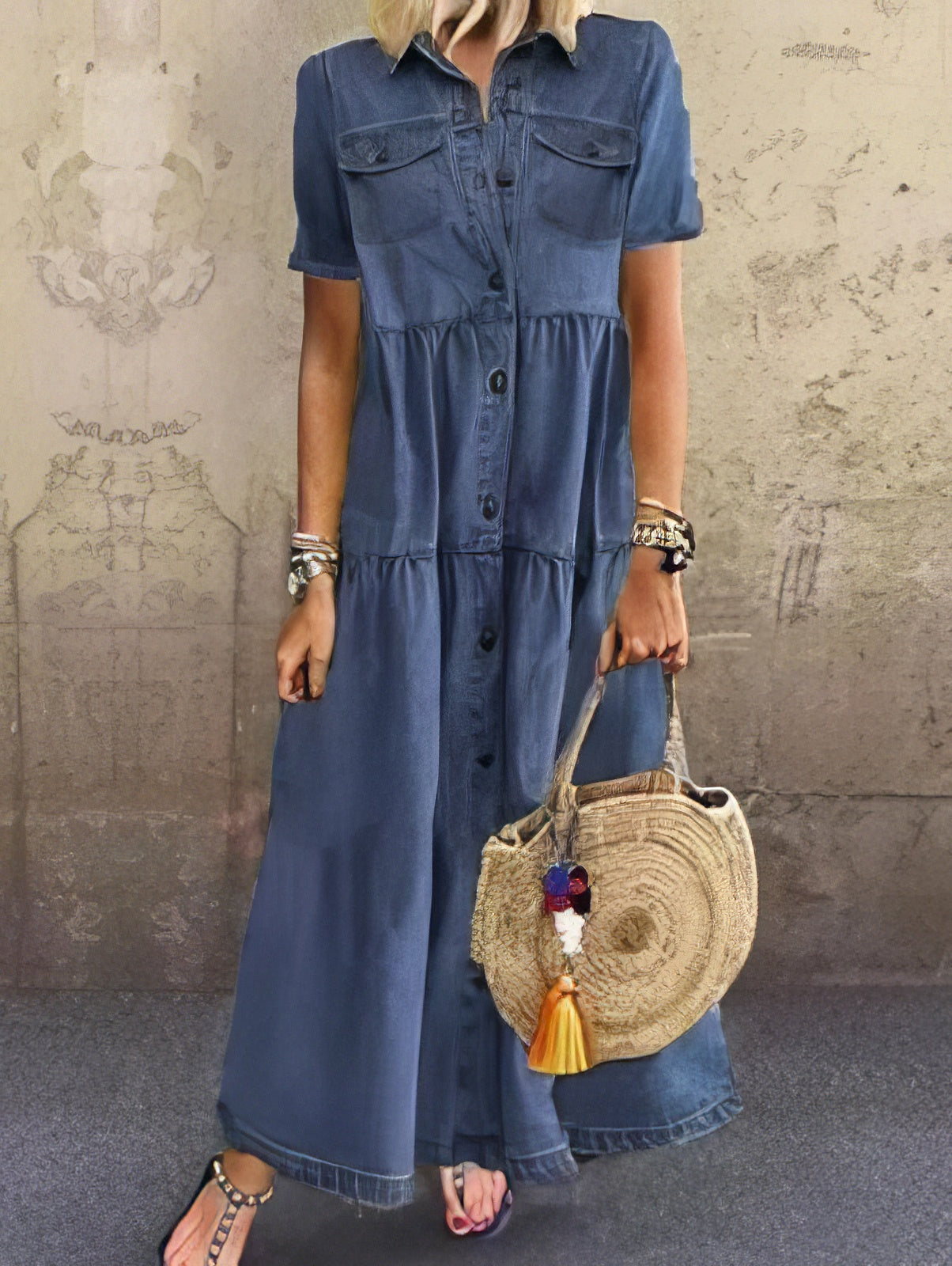 Retro Short Sleeve Denim Long Dress - LuckyFash™