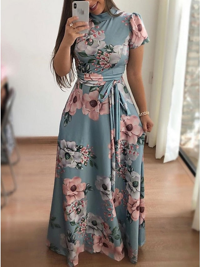 Women's Floral Casual Dress Swing Dress Floral Dress Long Dress Maxi Dress Black Navy Blue Light Blue Short Sleeve Lace up Spring Summer Turtleneck Hot Slim 2023 S M L XL XXL 3XL 4XL 5XL - LuckyFash™