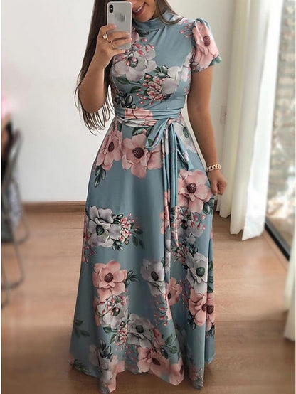 Women's Floral Casual Dress Swing Dress Floral Dress Long Dress Maxi Dress Black Navy Blue Light Blue Short Sleeve Lace up Spring Summer Turtleneck Hot Slim 2023 S M L XL XXL 3XL 4XL 5XL - LuckyFash™