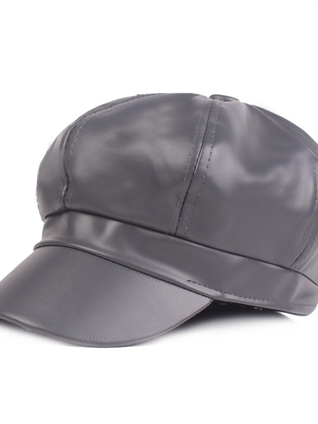 PU Beret Women's Spring Autumn Winter Black Newsboy British Vintage Street Painter's Hat Wine Red Hat Simple Style Berets Octagonal Hat - LuckyFash™