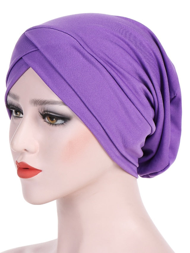 Solid Stretch Fabric Forehead Cross India Cap Turban Hat Women Elastic Turban Muslim Hijab Islamic India Hair Loss Caps Scarf Headwraps - LuckyFash™