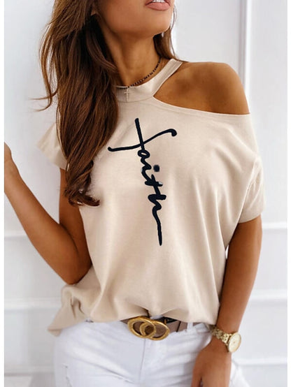 fronage womens short sleeve faith shirts cold shoulder tops casual summer graphic t-shirt (medium, beige) - LuckyFash™