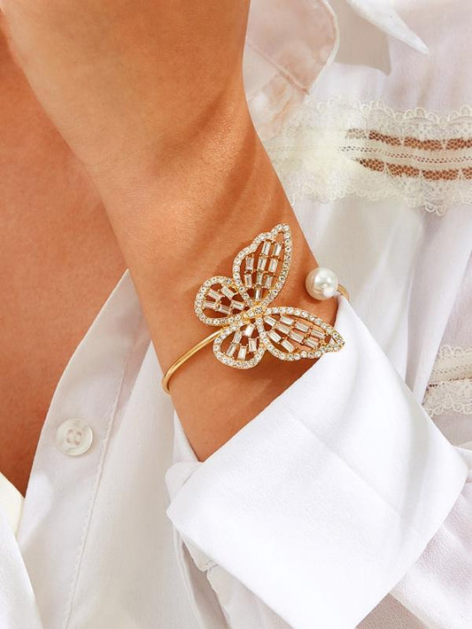 Rhinestone Butterfly & Faux Pearl Decor Cuff Bracelet 1pc - LuckyFash™