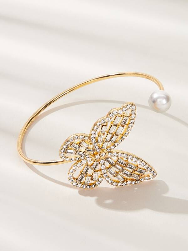 Rhinestone Butterfly & Faux Pearl Decor Cuff Bracelet 1pc - LuckyFash™