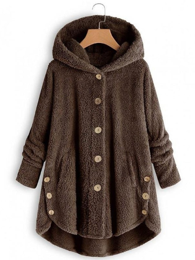 Fleece Jacket Pullover Sherpa Fleece Teddy Button Front Pocket claret turmeric Black Solid Color Street Hoodie Plus Size Long Sleeve Fleece for Women - LuckyFash™