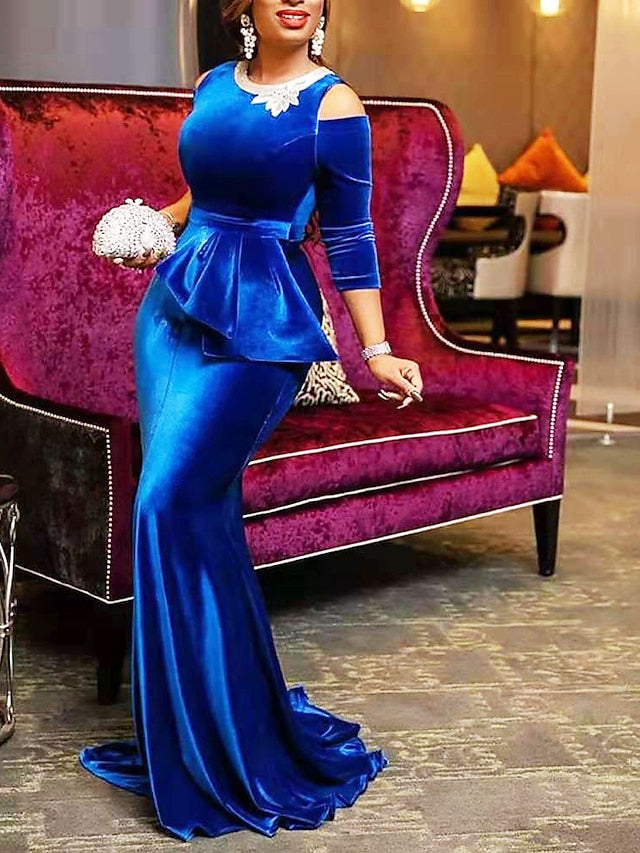 Womenâ€˜s Formal Party Dress Velvet Dress Red Sheath Dress Long Dress Maxi Dress Wine Dark Blue Black 3/4 Length Sleeve Pure Color Ruched Winter Fall Crew Neck Elegant Slim 2023 S M L XL 2XL 3XL - LuckyFash™