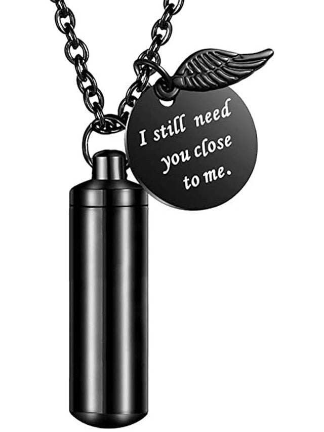 cylinder urn necklace for ashes cremation jewelry/keychain for human pet stainless steel memorial keepsake pendant with angel wing charm ashes jewelry-silver m - LuckyFash™