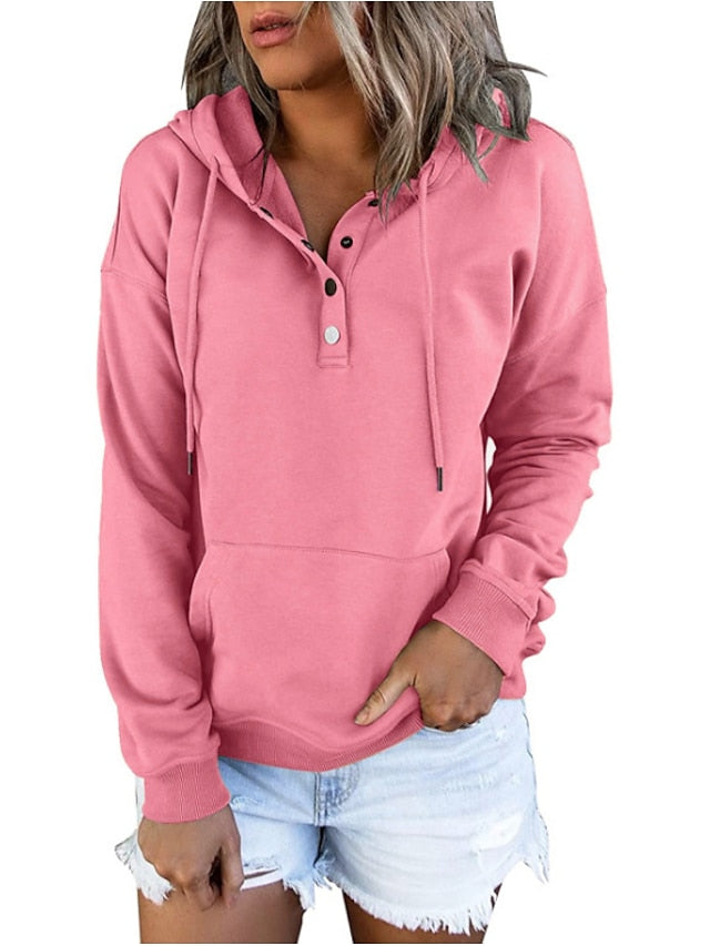Hoodie Button Pocket Solid Colored Basic Hooded Standard Winter Wine Red Green Black Blue Pink for Women - LuckyFash™