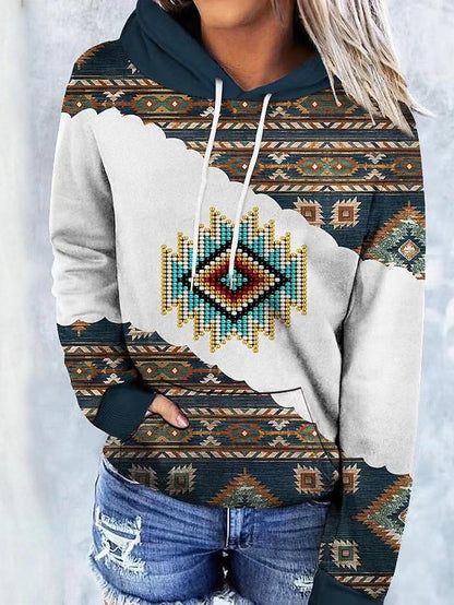 Hoodie Sweatshirt Pullover Ethnic Front Pocket dark brown Gray Green Sea Blue Geometric Street Hoodie Long Sleeve for Women - LuckyFash™
