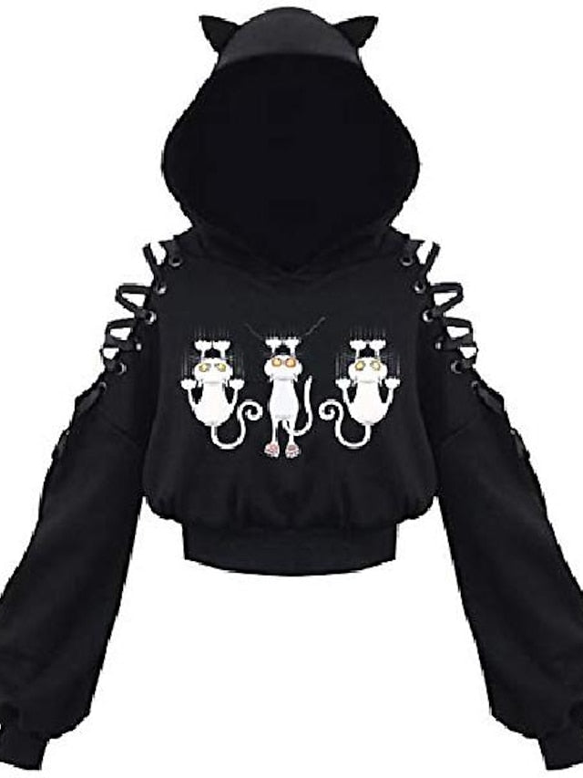 hoodie crop top cat ear hooded sweatshirt hollow out lace up sleeves(4xl,cats climbing) for Women - LuckyFash™