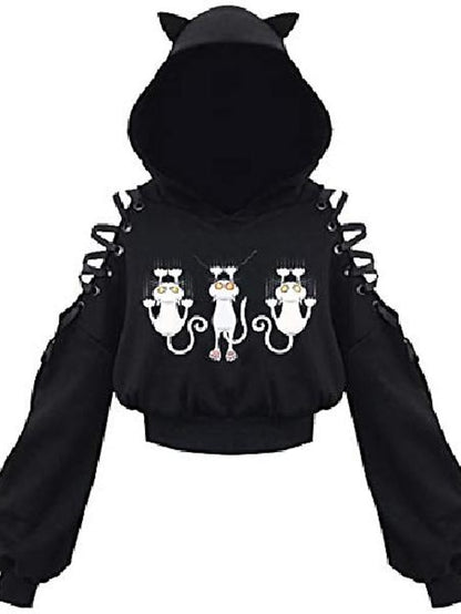 hoodie crop top cat ear hooded sweatshirt hollow out lace up sleeves(4xl,cats climbing) for Women - LuckyFash™