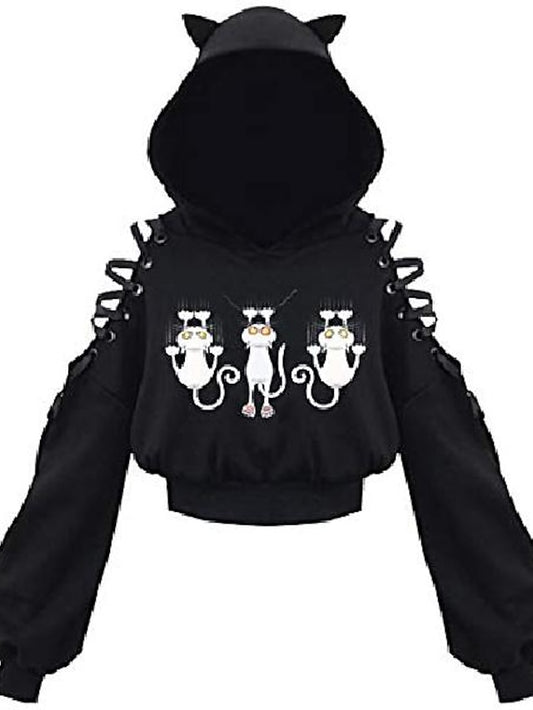 hoodie crop top cat ear hooded sweatshirt hollow out lace up sleeves(4xl,cats climbing) for Women - LuckyFash™