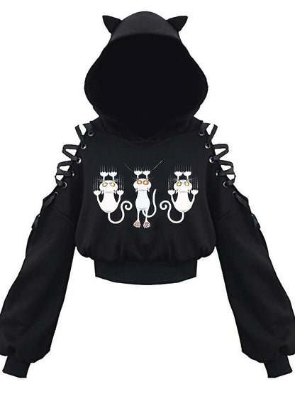 hoodie crop top cat ear hooded sweatshirt hollow out lace up sleeves(4xl,cats climbing) for Women - LuckyFash™