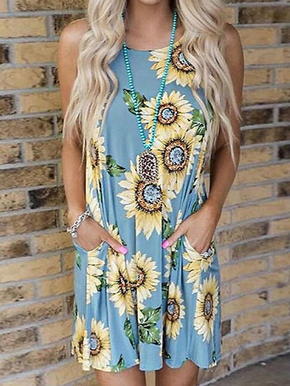 Round Neck Sleeveless Vest Sunflower Print Pocket Dress - LuckyFash™