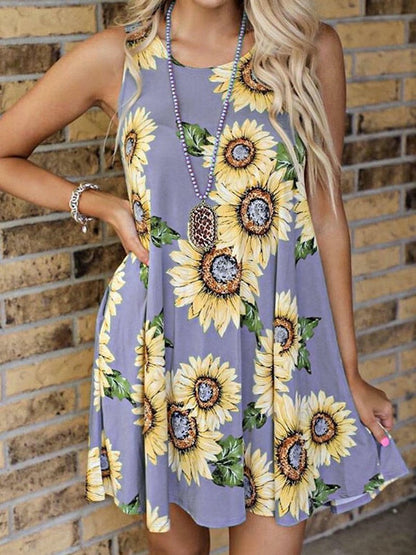 Round Neck Sleeveless Vest Sunflower Print Pocket Dress - LuckyFash™